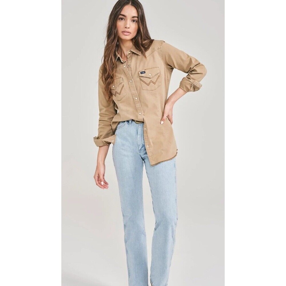 Wrangler Shirt Womens Medium Brown Western Pearl Snap Rodeo Long Sleeve Khaki